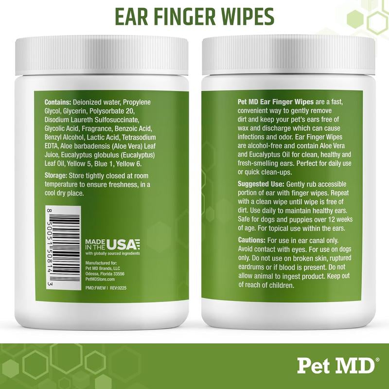 Pet MD Extra-Coverage Ear Finger Wipes for Dogs - 50ct - Eucalyptus & Aloe Vera Formula