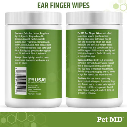 Pet MD Extra-Coverage Ear Finger Wipes for Dogs - 50ct - Eucalyptus & Aloe Vera Formula